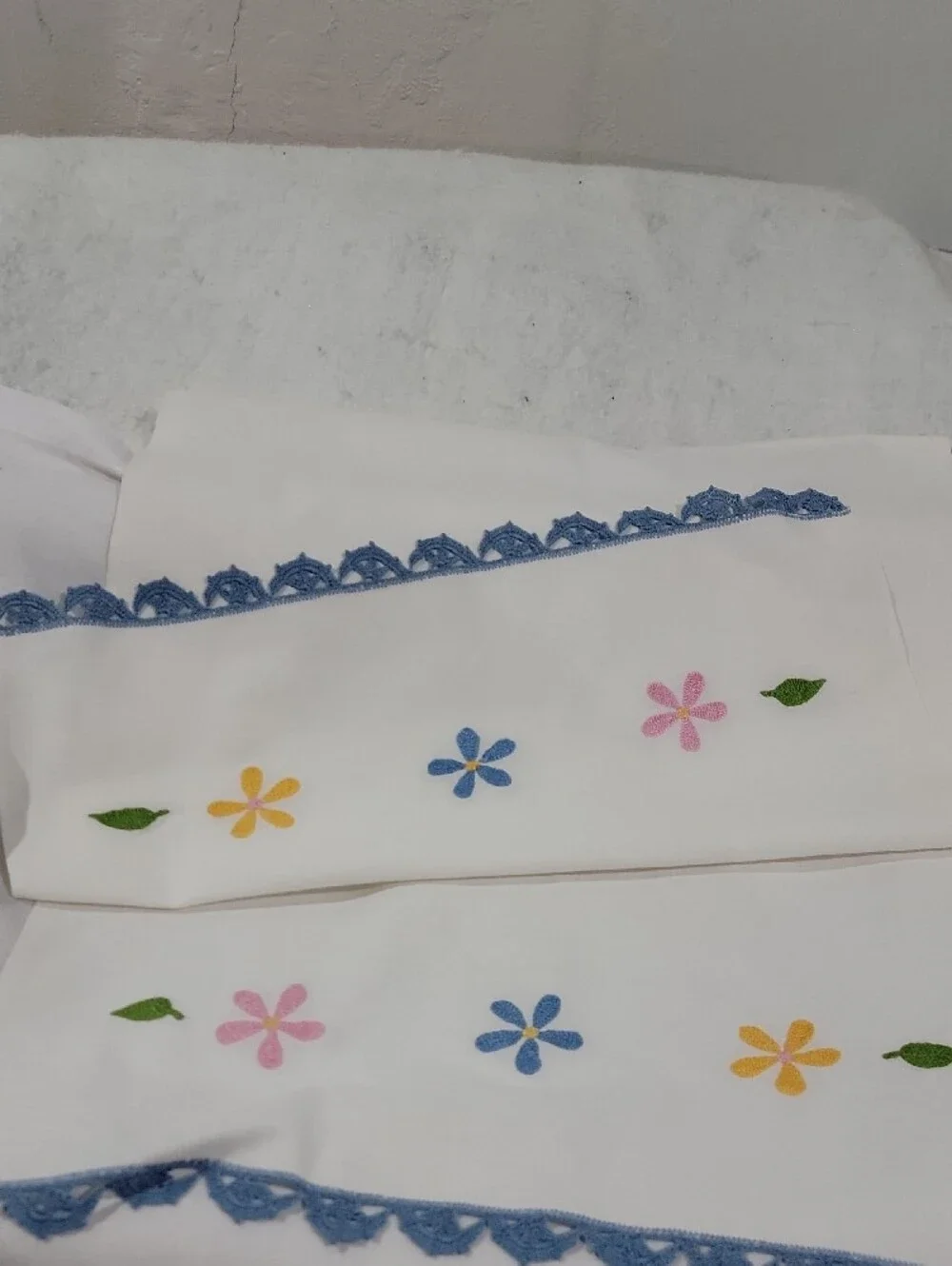 Vintage White Embroidered With Blue Lace Trim Table Runner Hand Made Floral